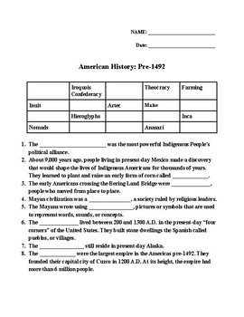 Preview of Indigenous People's History in the Americas Pre-1492 Vocabulary Quiz/Worksheet