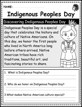 Preview of Indigenous Peoples Day Reading Comprehension Passages and Questions for k-2
