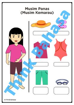 Indonesian Summer Clothes Vocabulary Worksheets, Pakaian Musim Panas