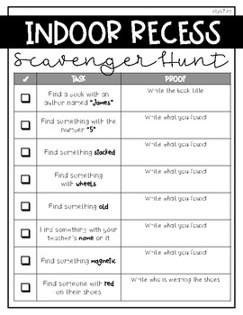 Indoor Recess Scavenger Hunt by Barnard Island | TpT