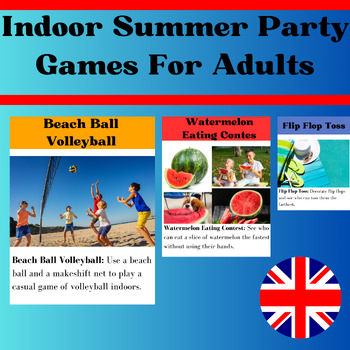 Preview of Indoor Summer Party Games For Adults : Flash card  and Definitions