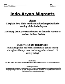 Preview of Indus River Valley:Indo-Aryan Migrants Guided Reading and Worksheet