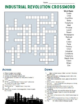 Industrial Revolution Crossword Puzzle with Answer Key by Stokes #39 Scholars
