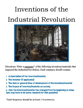 Preview of Industrial Revolution Inventions Worksheet