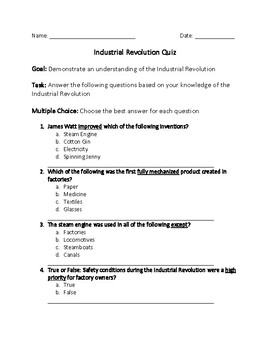 Preview of Industrial Revolution Quiz
