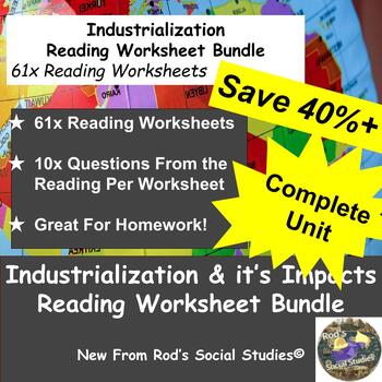 Preview of Industrialization & Economic Impact Unit Reading Worksheet Bundle **Editable**