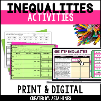 Preview of 7th Grade Solving, Writing and Graphing Inequalities Activities and Worksheets
