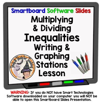 Preview of Multiplying Dividing Inequalities Smartboard Slides Solving Graphing & Stations