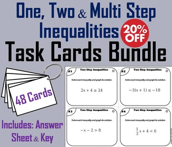Preview of Solving One, Two & Multi Step Inequalities Task Cards Activity Bundle