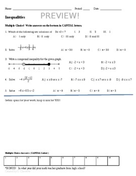 Preview of Inequalities Worksheet, Review, Quiz, Test