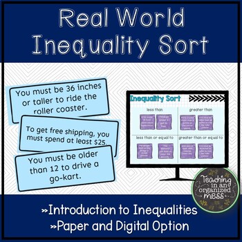 Preview of Introduction to Inequalities Sort--Real World Situations