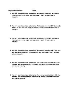 solving inequality word problems worksheet