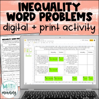 Preview of Inequality Word Problems Digital and Print Activity for Google Drive or OneDrive