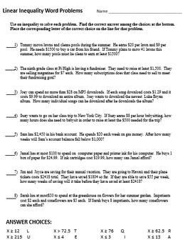Inequality Word Problems Self-Checking Worksheet by The ...