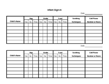 Preview of Infant sign in Sheet