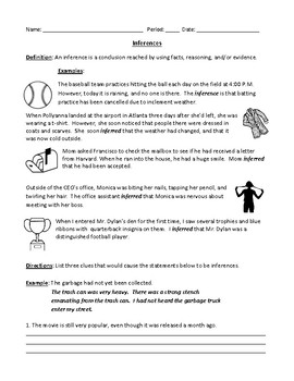 Preview of Inferences: Definition, Examples, Worksheet, and Detailed Answer Key