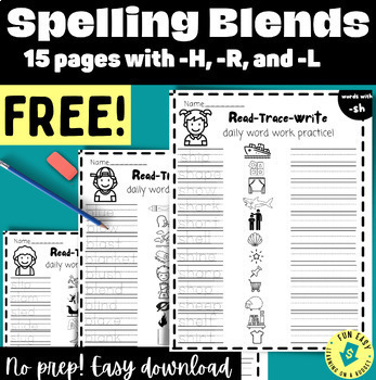Preview of FREE!❤ 15 PAGES OF BLENDS PRACTICE PHONICS&SPELLING PATTERNS-WITH -L,-R,-H-