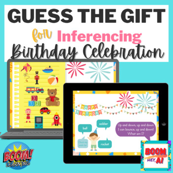 Preview of Inferencing birthday gift BOOM CARDS printable GOOGLE SLIDES speech therapy