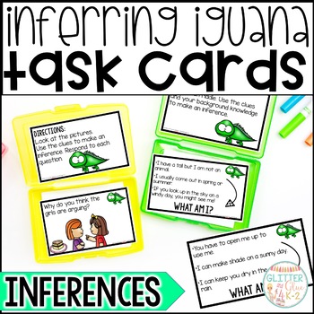 Preview of Inference Comprehension Task Cards With Inferring Iguana - Pictures & Riddles