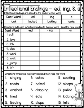 Preview of Inflectional Endings -ed, -ing, and -s Worksheet