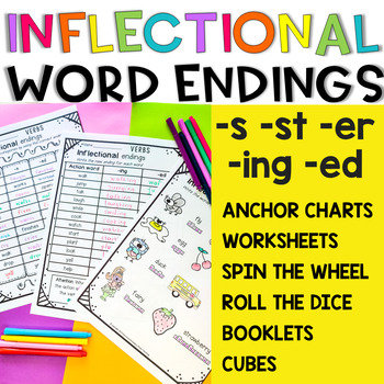 Preview of Inflectional Endings -ing -ed -s -er -est  Worksheets, Anchor Charts and Games