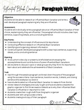 Preview of Paragraph Writing with Rubric - Influential Black Canadians