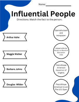 Preview of Influential People Match Up Barbara Johns, Wilder, Ashe, and Walker
