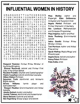 Preview of Influential Women In History Month Word Search Worksheet Activity