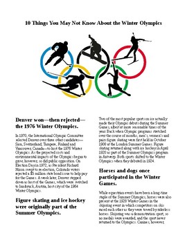 Preview of Info Reading Text - 10 Things You may not know about the Winter Olympics
