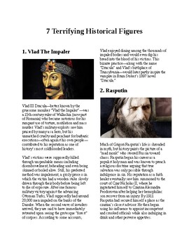 Preview of Info Reading Text - Halloween: 7 Terrifying Historical Figures (no prep/sub plan