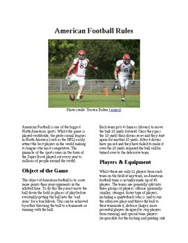 Preview of Info Reading Text -Phyical Education: The Rules and History of American Football