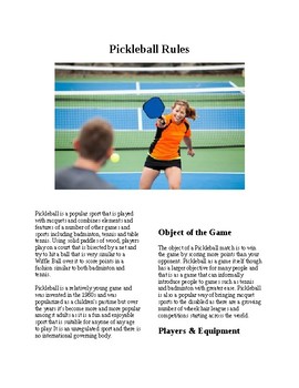 Preview of Info Reading Text - Physical Educaiton: The History and Rules of Pickleball