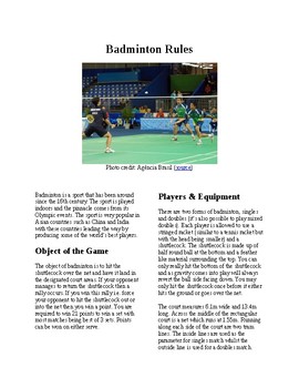 Preview of Info Reading Text - Physical Education: The History and Rules of Badminton