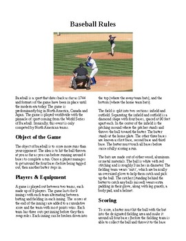 Preview of Info Reading Text - Physical Education: The History and Rules of Baseball