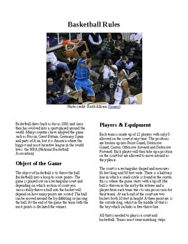 Preview of Info Reading Text - Physical Education: The History and Rules of Basketball