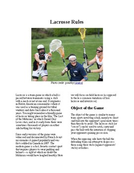 Preview of Info Reading Text - Physical Education: The History and Rules of Lacrosse