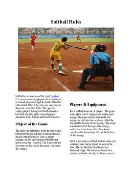 Preview of Info Reading Text - Physical Education: The History and Rules of Softball