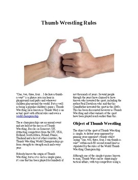 Preview of Info Reading Text - Physical Education: The History and Rules of Thumb Wrestling