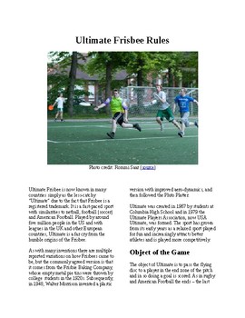 Preview of Info Reading Text - Physical Education:The History and Rules of Ultimate Frisbee