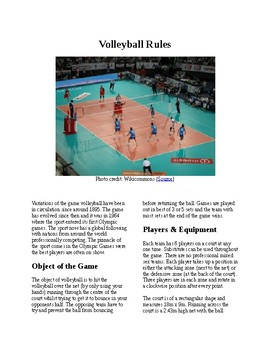 Preview of Info Reading Text - Physical Education: The History and Rules of Volleyball