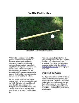 Preview of Info Reading Text - Physical Education: The History and Rules of Wiffle Ball