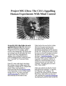 Preview of Info Reading Text - Psychology: MK Ultra and the CIA's brainwashing experiments