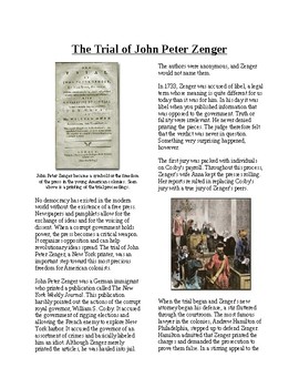 Preview of Info Reading Text - Revolutionary Thinking: Zenger Trial/Freedom of Press