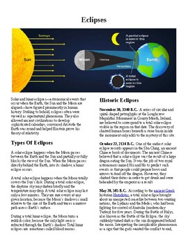 Preview of Info Reading Text - Science and Astronomy: Solar and Lunar Eclipses (no prep/sub