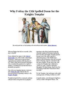 Preview of Info Reading Text - Superstitions: Friday the 13th and the Knights Templar