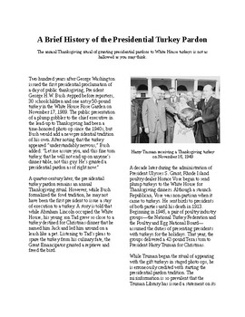 Preview of Info Reading Text - Thanksgiving: the Presidential turkey pardon