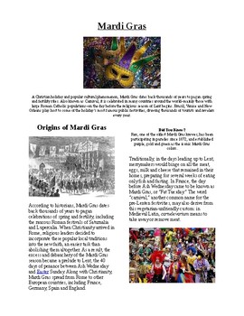 Preview of Info Reading Text and Vocab - US Holidays: Mardi Gras (no prep/sub plans)