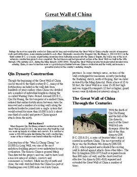 Preview of Info Reading Text/Vocab - The Great Wall of China (no prep/sub plans)