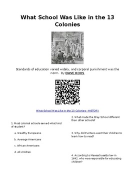 Preview of Info Reading Text - What was School like in the 13 Colonies? Digital