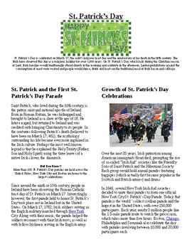 Preview of Info Reading Text and Vocab - US Holidays: St. Patrick's Day (no prep/sub plan)